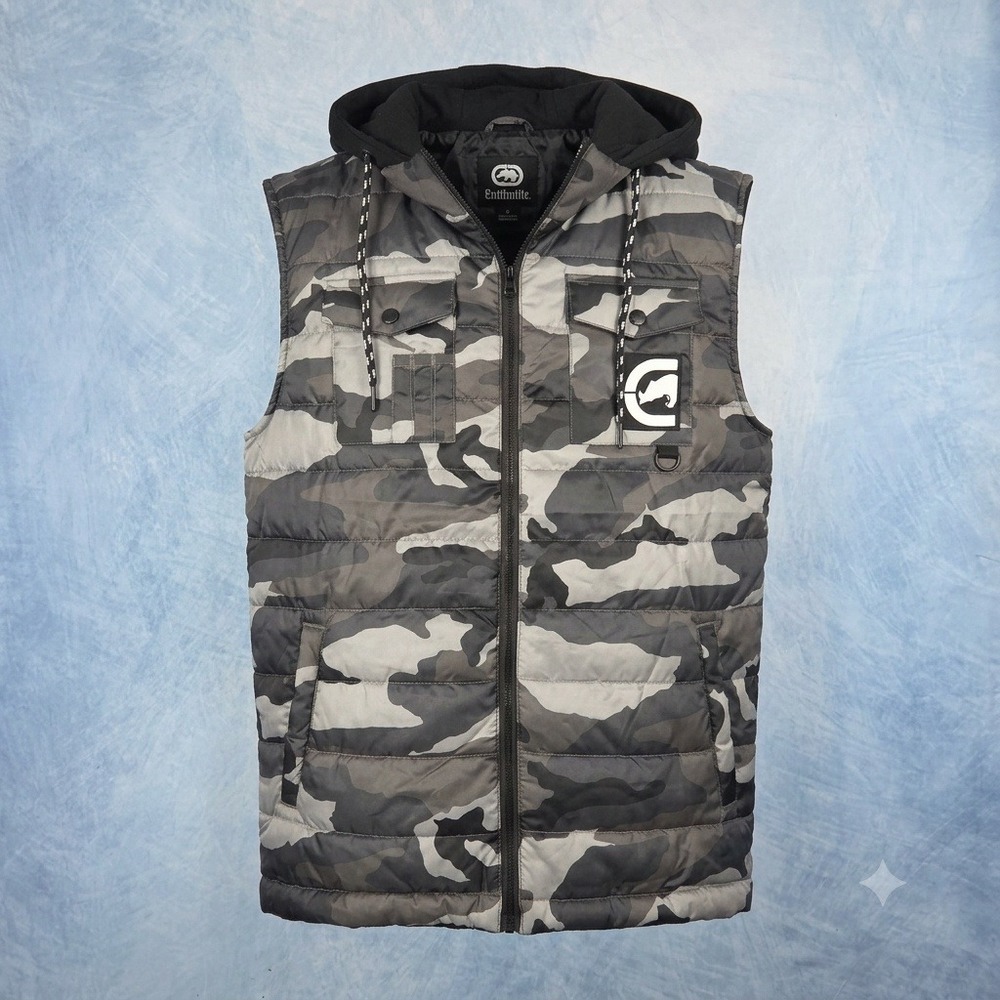 Ecko Unltd Mens Grey Camo Hooded Puffer Vest Quilted Rhino Logo Streetwear S